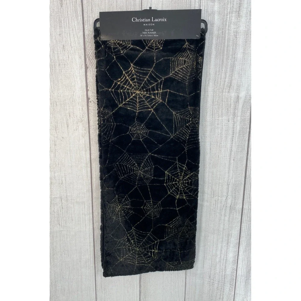 Christian Lacroix Table Runner 14x72 Black Gold Spiderweb Faux Fur Halloween
